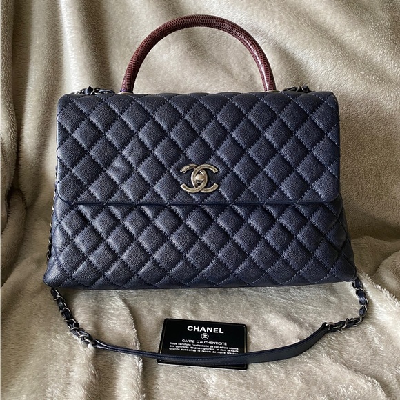 CHANEL Handbags - SOLD CHANEL Caviar Lizard Quilted Medium Coco Handle Flap Navy